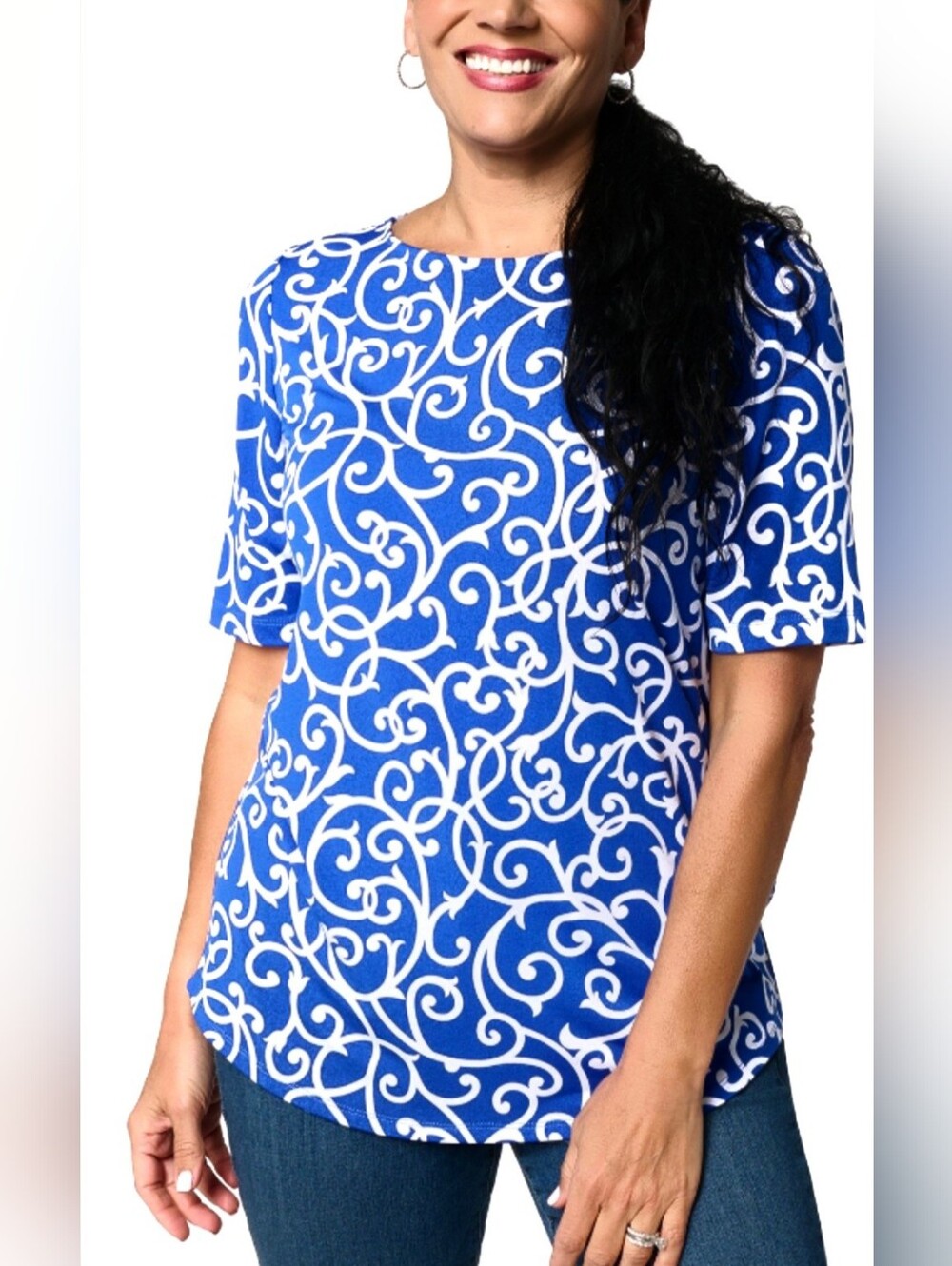 SUSAN GRAVER cobalt BLUE scroll design TOP like new GREAT with Jeans SIZE LARGE